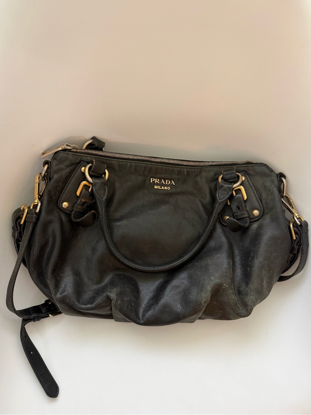 Authentic Prada Black Leather Shoulder Satchel Bag with Gold Hardware
